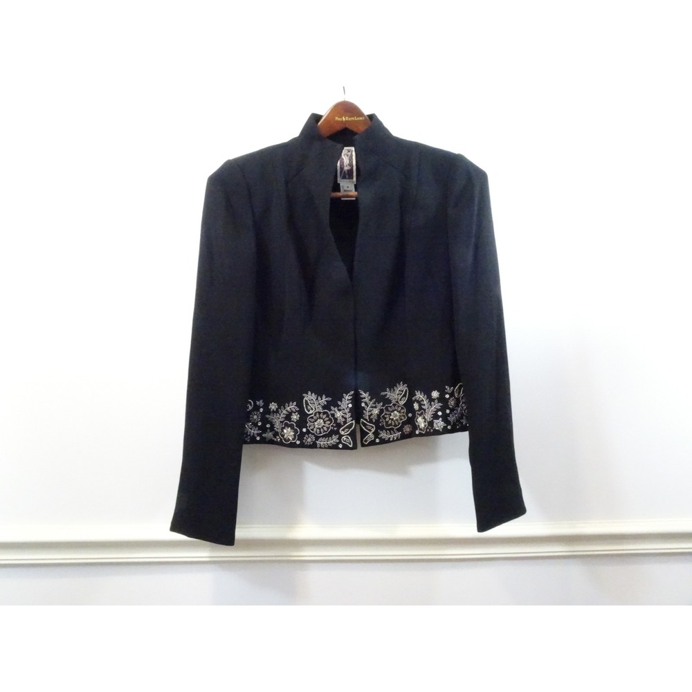 Zelda Black Cropped Evening Jacket Beaded Floral Hem Stand Collar Size 8